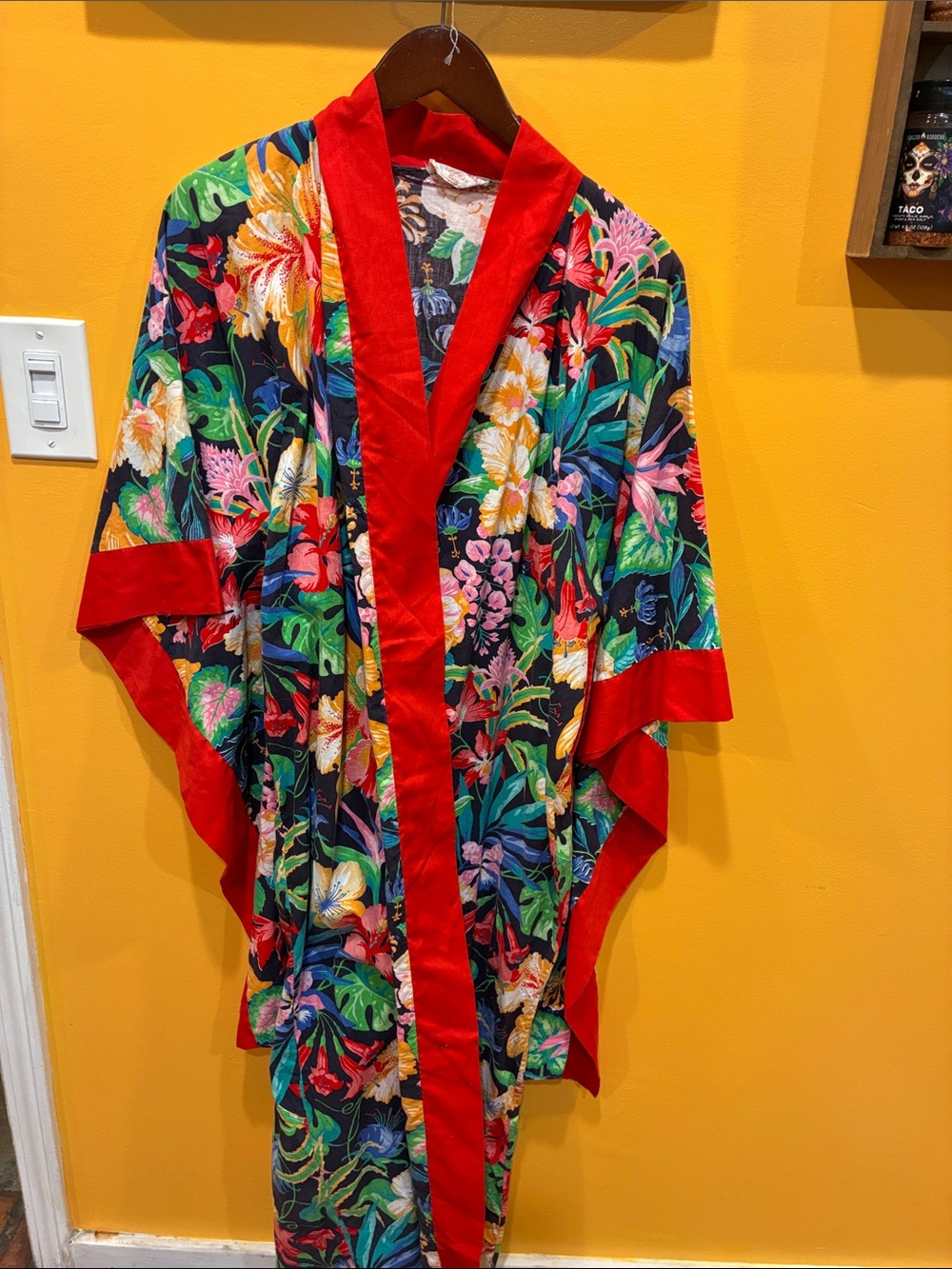 Floral Kimono-Style Jacket with Red Trim